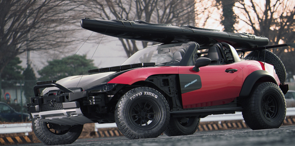 马自达MX-5“越野”，带有绞车，皮划艇架，后置备用轮胎