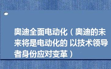 奥迪全面电动化（奥迪的未来将是电动化的 以技术领导者身份应对变革）